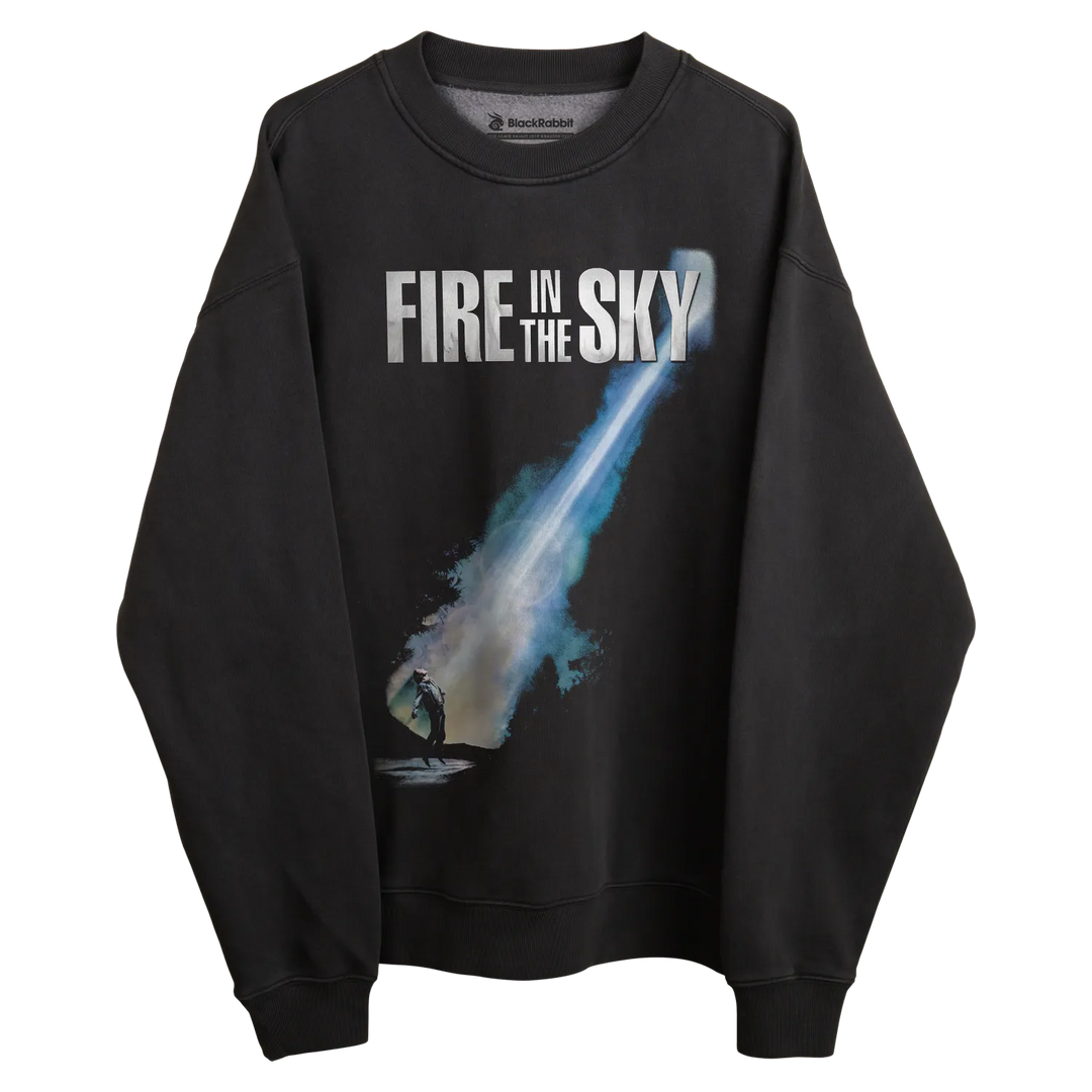 Black sweatshirt with ’fire in the sky’ graphic and comet design, rockabilia brand.