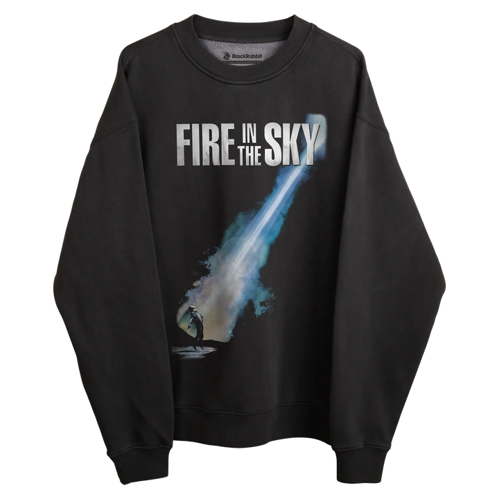 Black sweatshirt with ’fire in the sky’ graphic and comet design, rockabilia brand.