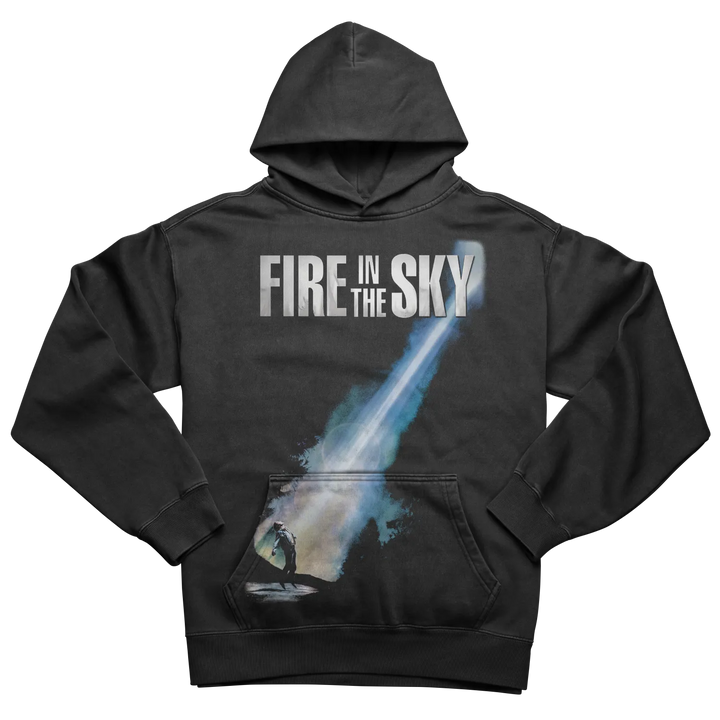 A black hooded sweatshirt with ’FIRE IN THE SKY’ text and a graphic of a bright, streaking object.