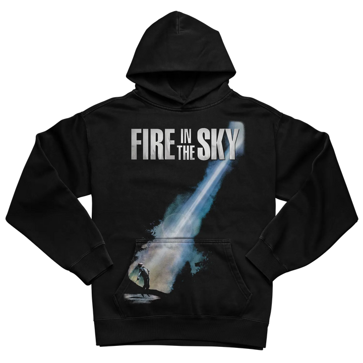 Black hoodie with ’fire in the sky’ graphic design and hood.