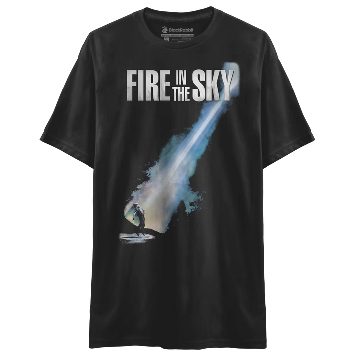 Black short-sleeved t-shirt with a graphic of a person looking at a bright, blue-white beam of light in the sky.
