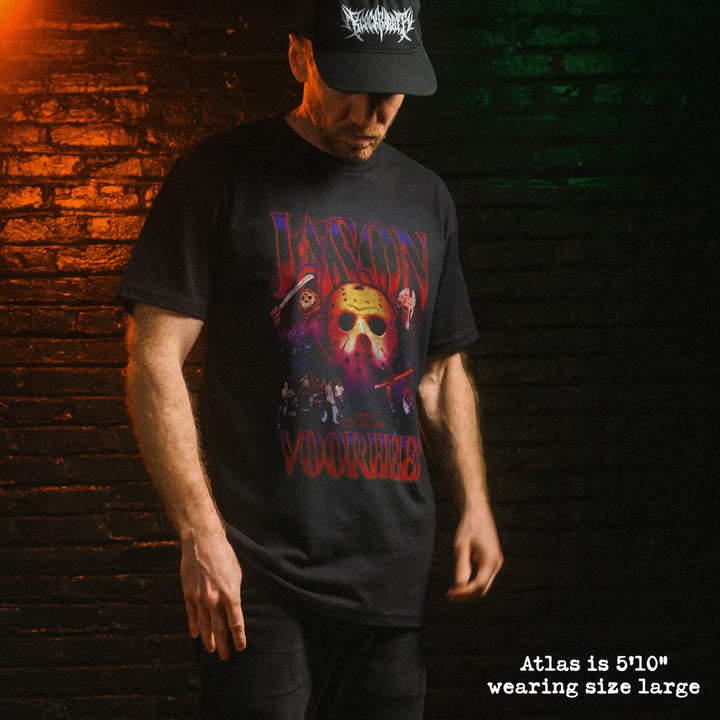 Male model wear soft premium tee with jason voorhees graphic
