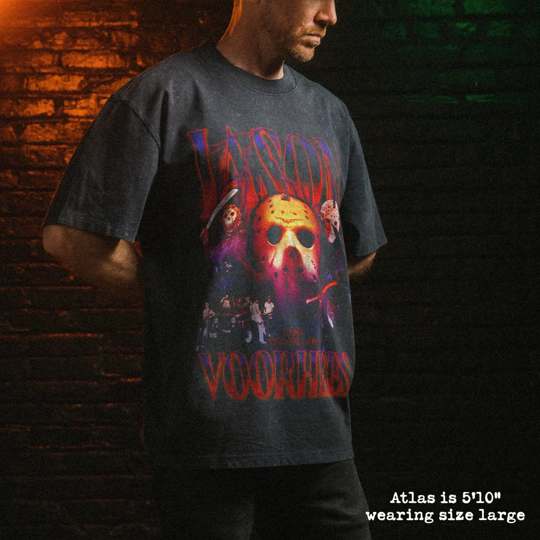 Male model wearing stone wash heavy tee with jason voorhees graphic 