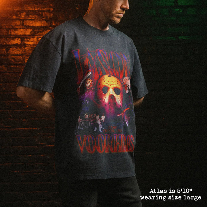 Male model wearing stone wash heavy tee with jason voorhees graphic 