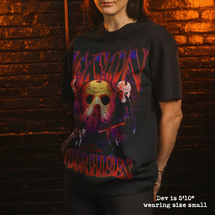 Model wearing heavy tee with jason voorhees graphic 