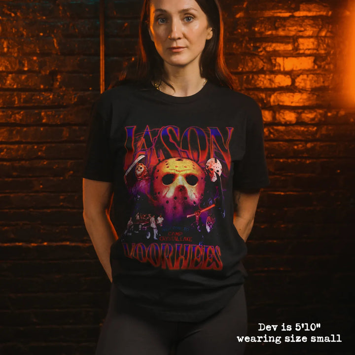 model wear soft premium tee with jason voorhees graphic
