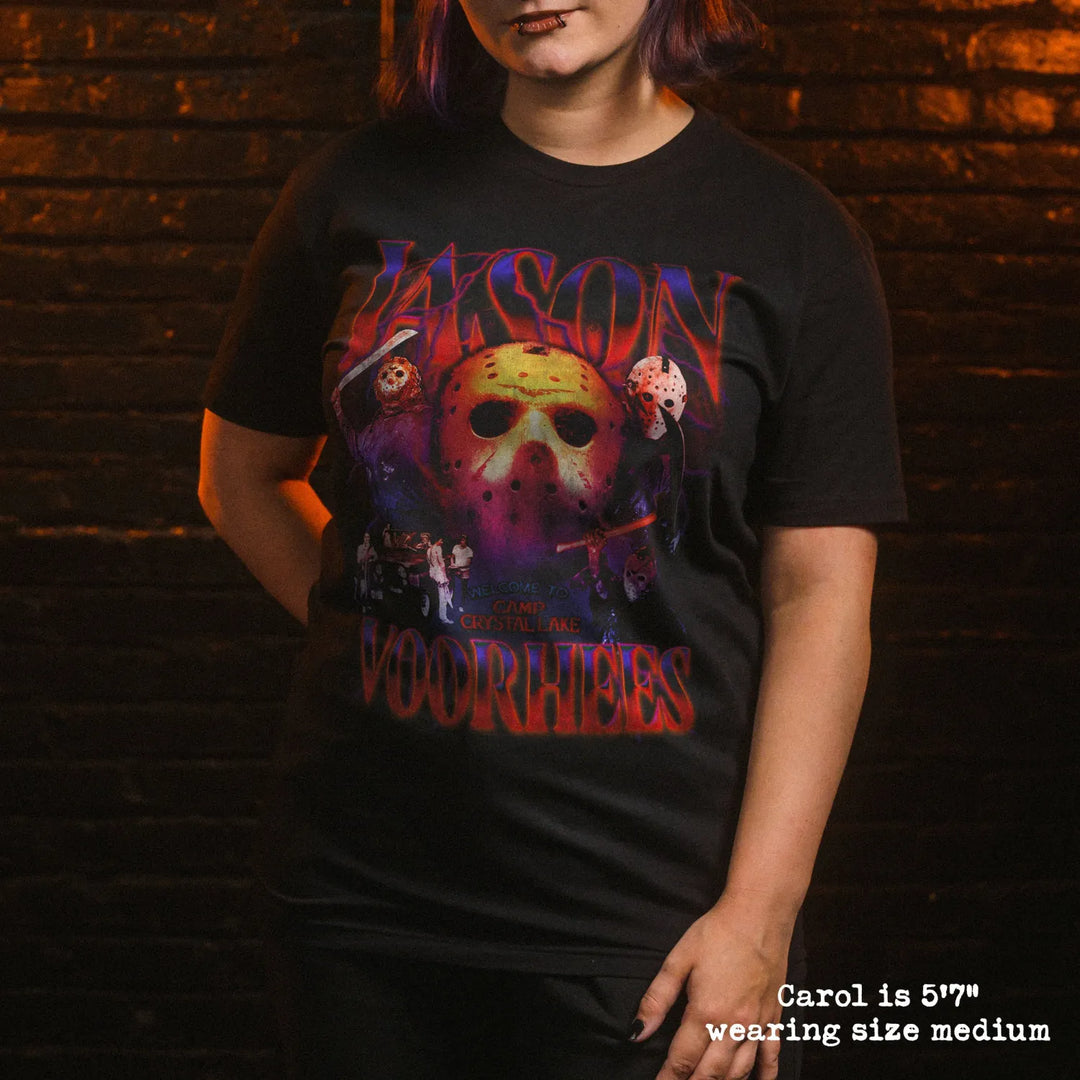 model wear soft premium tee with jason voorhees graphic
