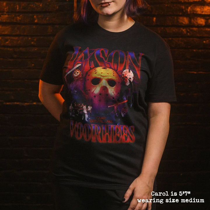 model wear soft premium tee with jason voorhees graphic
