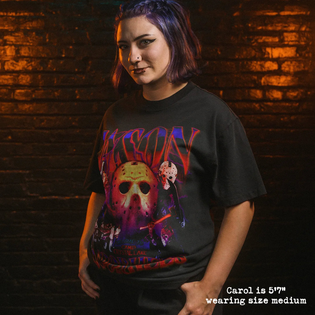 Model wearing heavy tee with jason voorhees graphic 