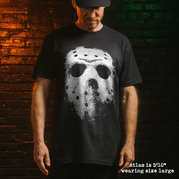 Male model wear soft premium tee with jason mask graphic
