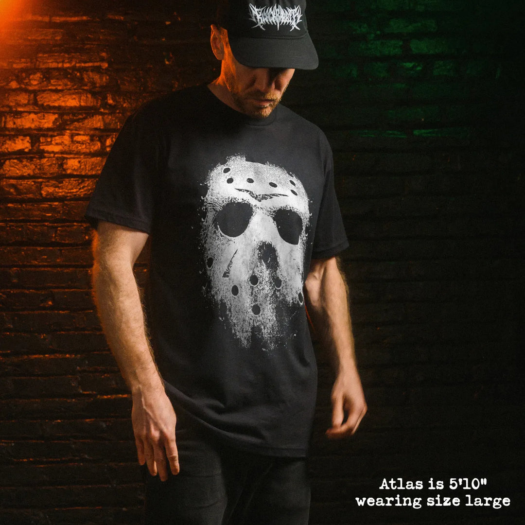 Male model wear soft premium tee with jason mask graphic
