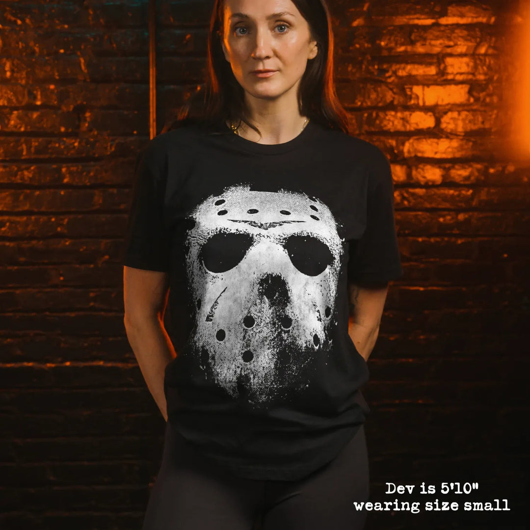 model wear soft premium tee with jason mask graphic
