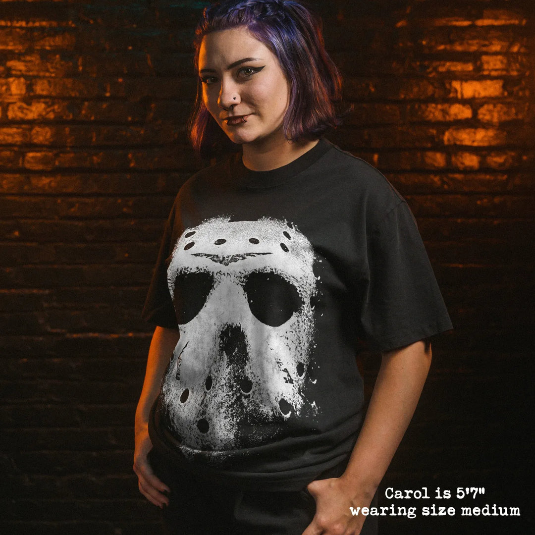 Model wearing heavy tee with jason mask graphic 