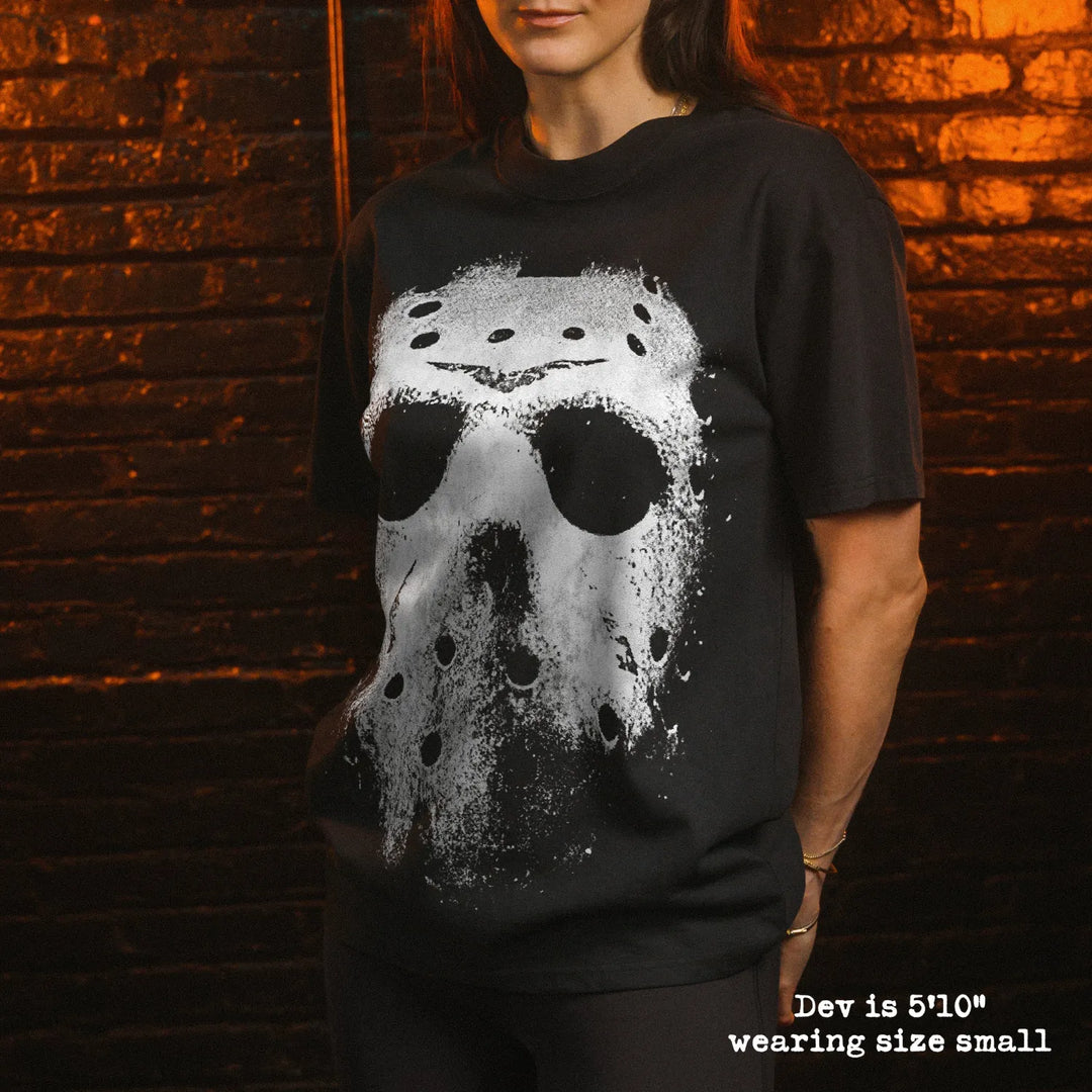 Model wearing heavy tee with jason mask graphic 