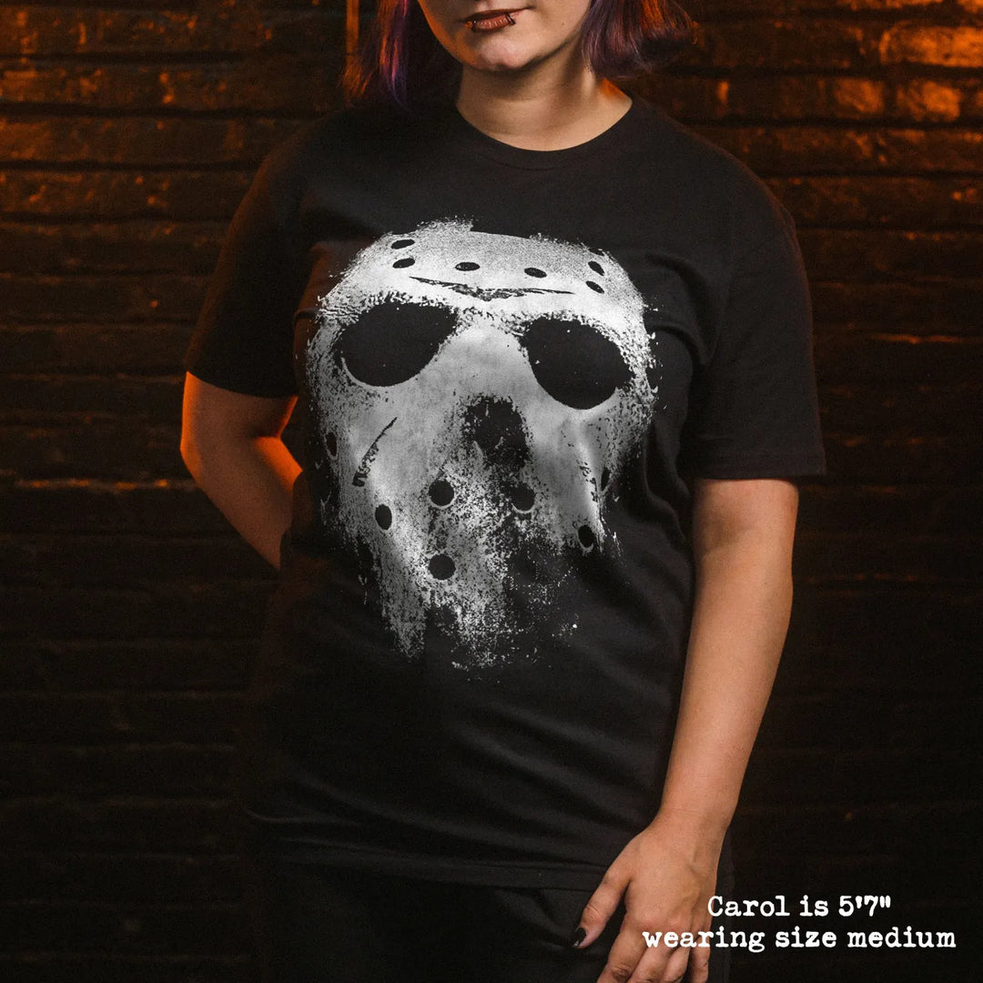 model wear soft premium tee with jason mask graphic
