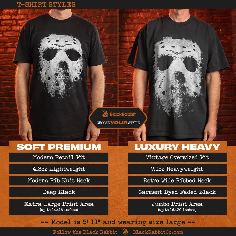 Two black t-shirts featuring a distressed white Jason Voorhees mask graphic, showcasing different fits and fabric weights.