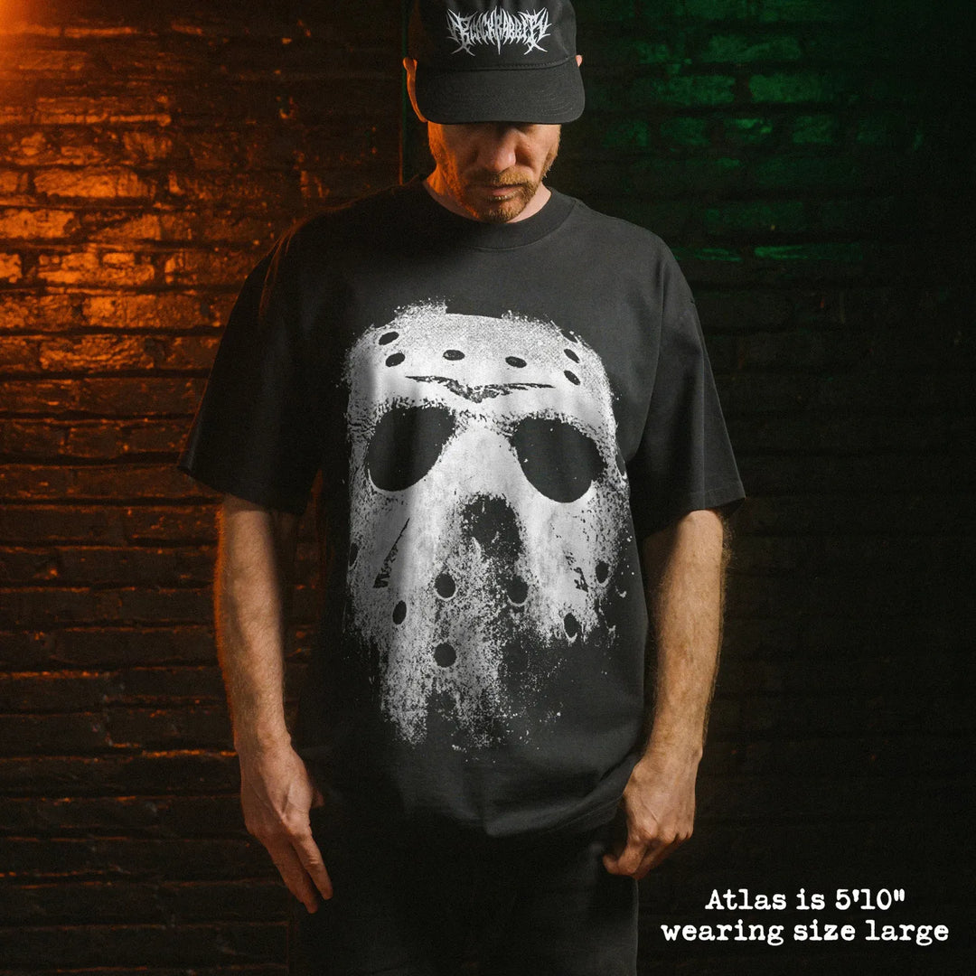 Model wearing heavy tee with jason mask graphic 