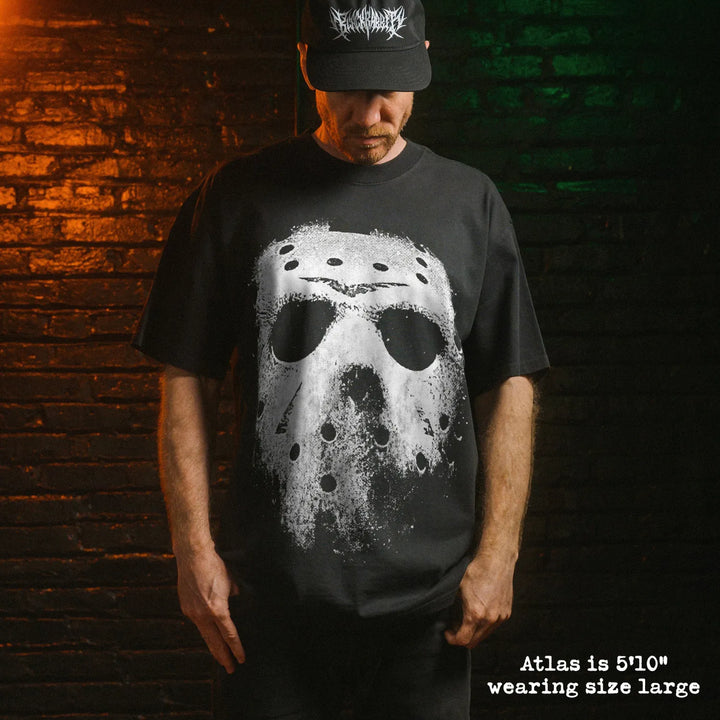 Model wearing heavy tee with jason mask graphic 