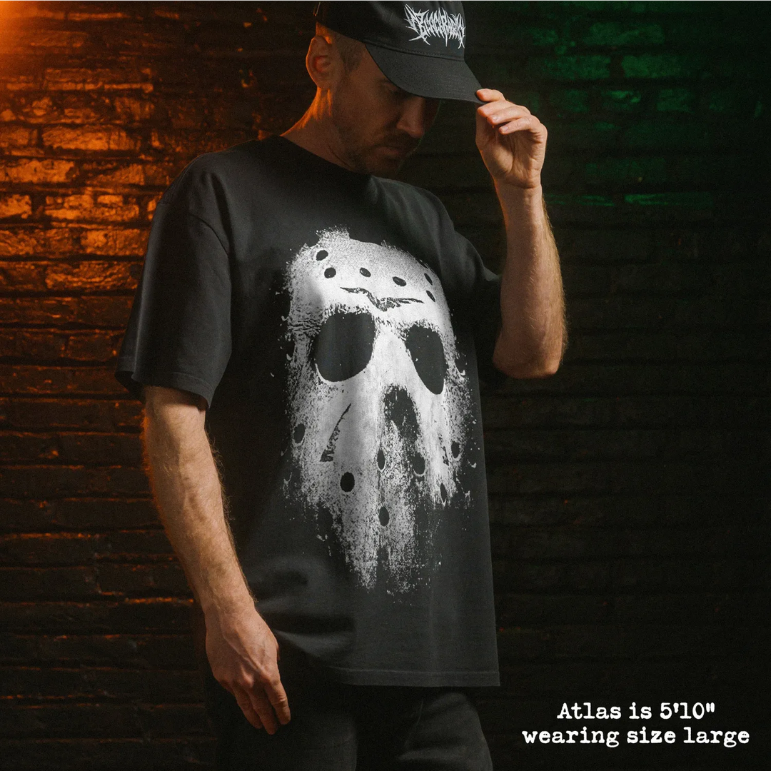 Model wearing heavy tee with jason mask graphic 