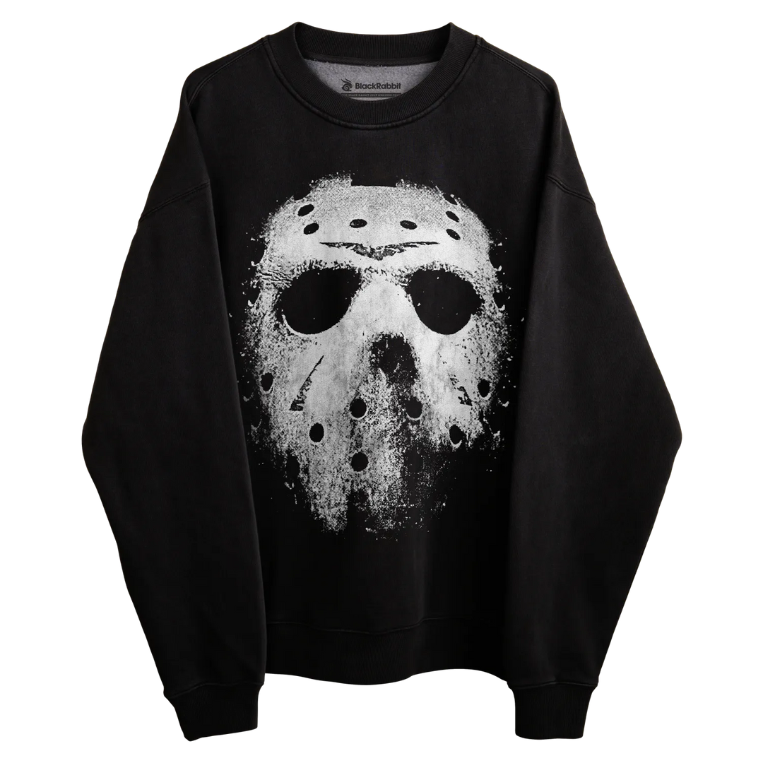 Black jason voorhees sweatshirt with white distressed mask design.