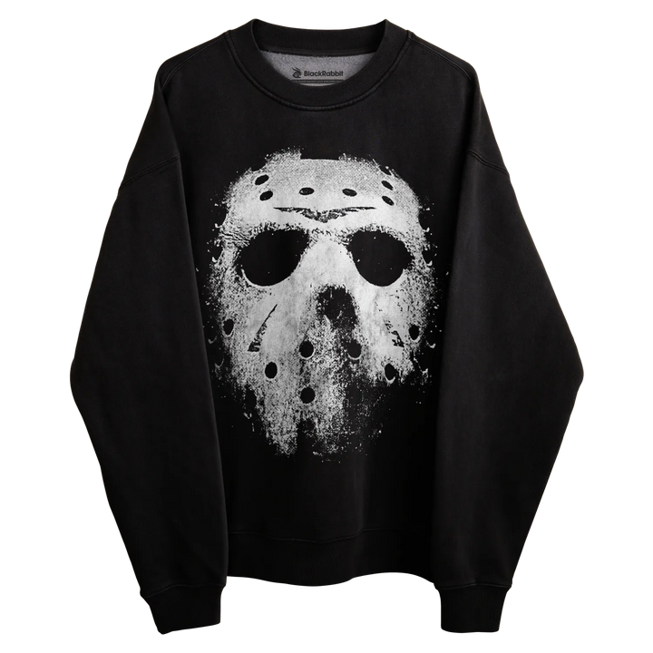 Black jason voorhees sweatshirt with white distressed mask design.
