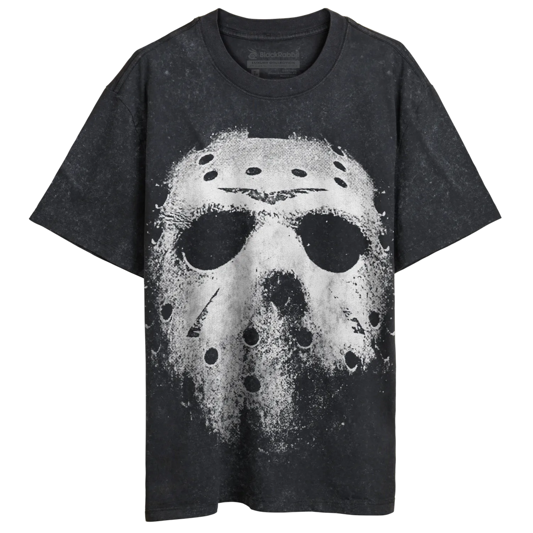 Black t-shirt with a distressed white Jason Voorhees mask graphic.