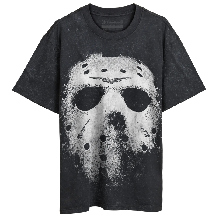 Black t-shirt with a distressed white Jason Voorhees mask graphic.