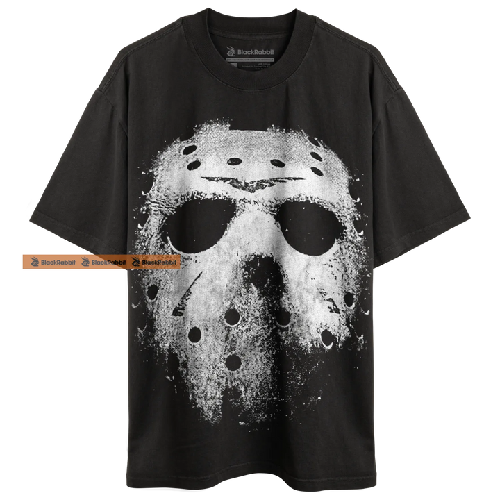 Black t-shirt with Jason Voorhees mask graphic.