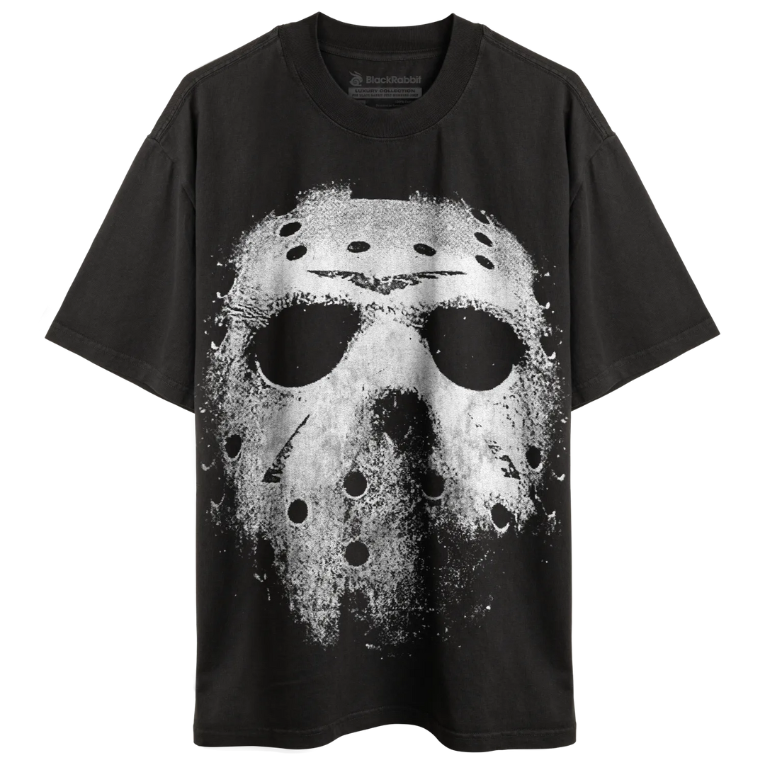 Black short-sleeved t-shirt with a distressed white Jason Voorhees hockey mask graphic.