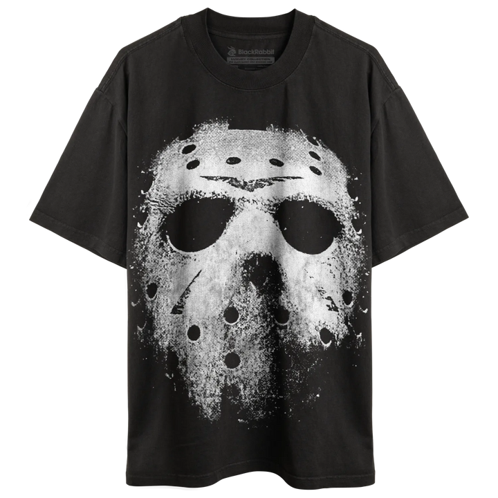 Black short-sleeved t-shirt with a distressed white Jason Voorhees hockey mask graphic.