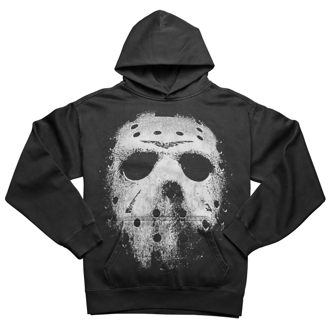 Black hoodie with a distressed white Jason Voorhees mask graphic.