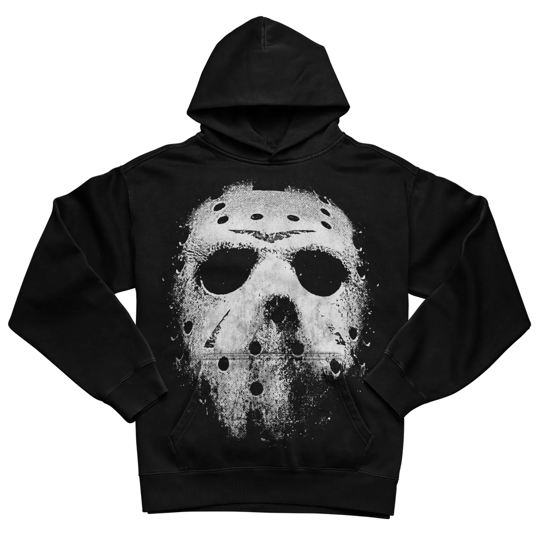 Jason voorhees hoodie with distressed white mask design on black background.