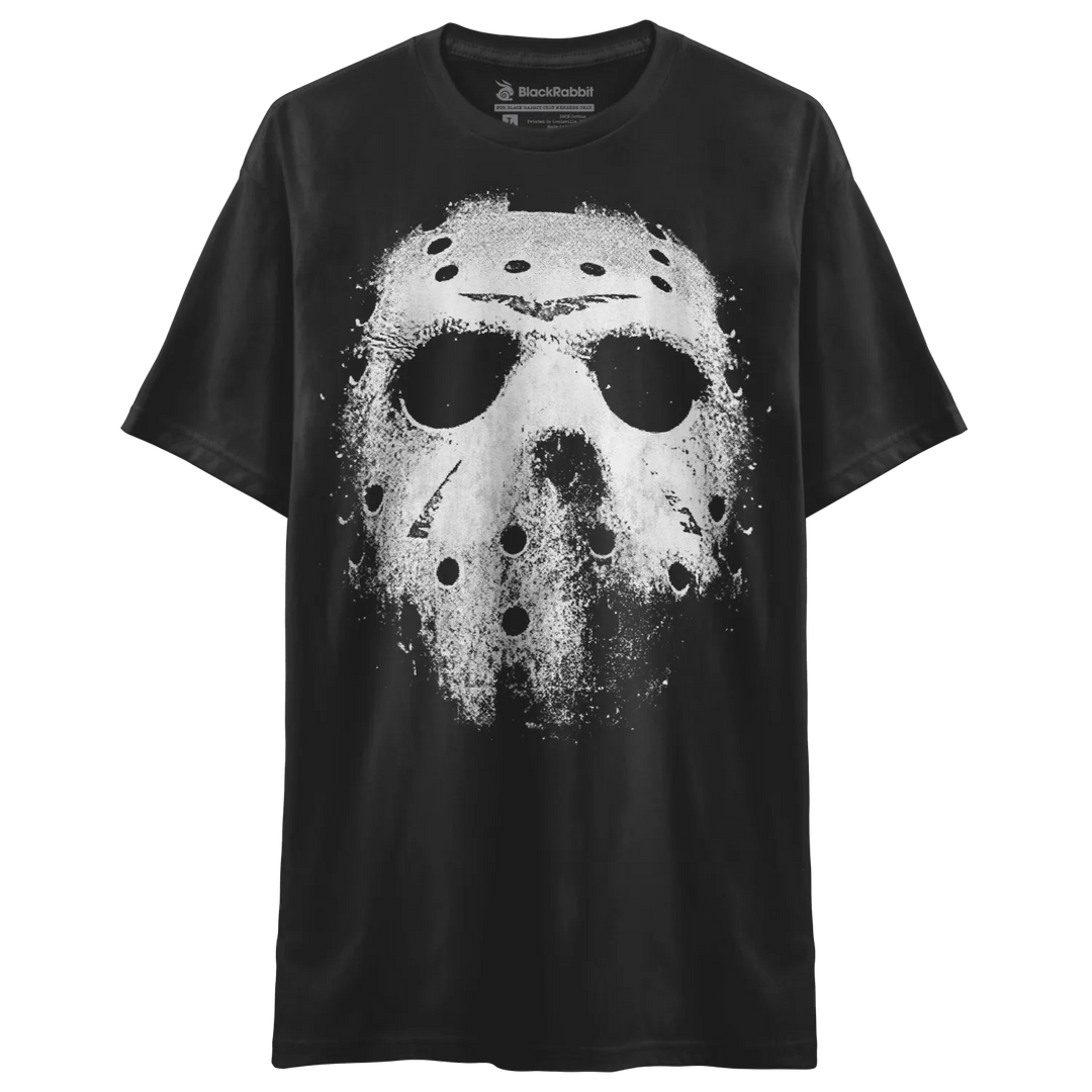 Black t-shirt with a distressed white Jason Voorhees hockey mask graphic.