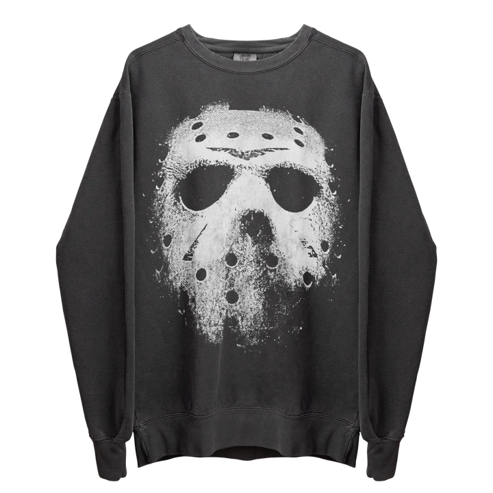 Dark gray long-sleeve sweatshirt with a distressed white Jason Voorhees mask graphic.