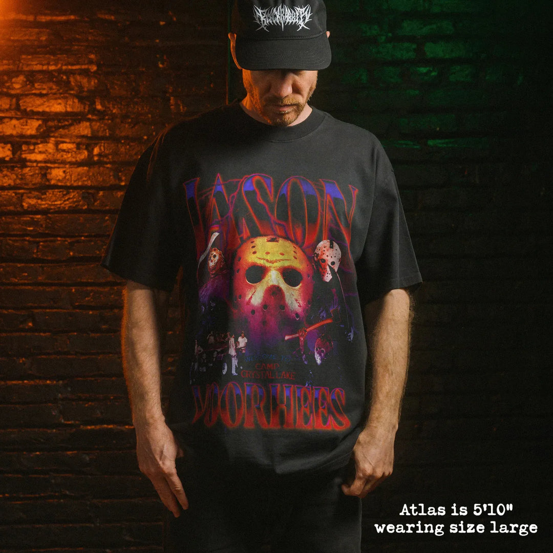 Model wearing heavy tee with jason voorhees graphic 