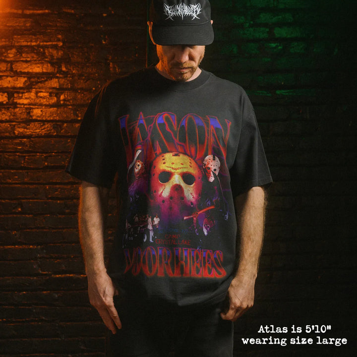 Model wearing heavy tee with jason voorhees graphic 
