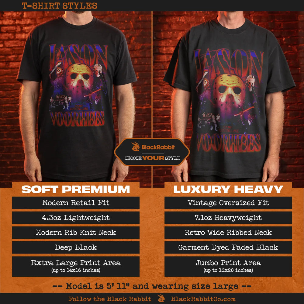 Two black graphic t-shirts of different styles.