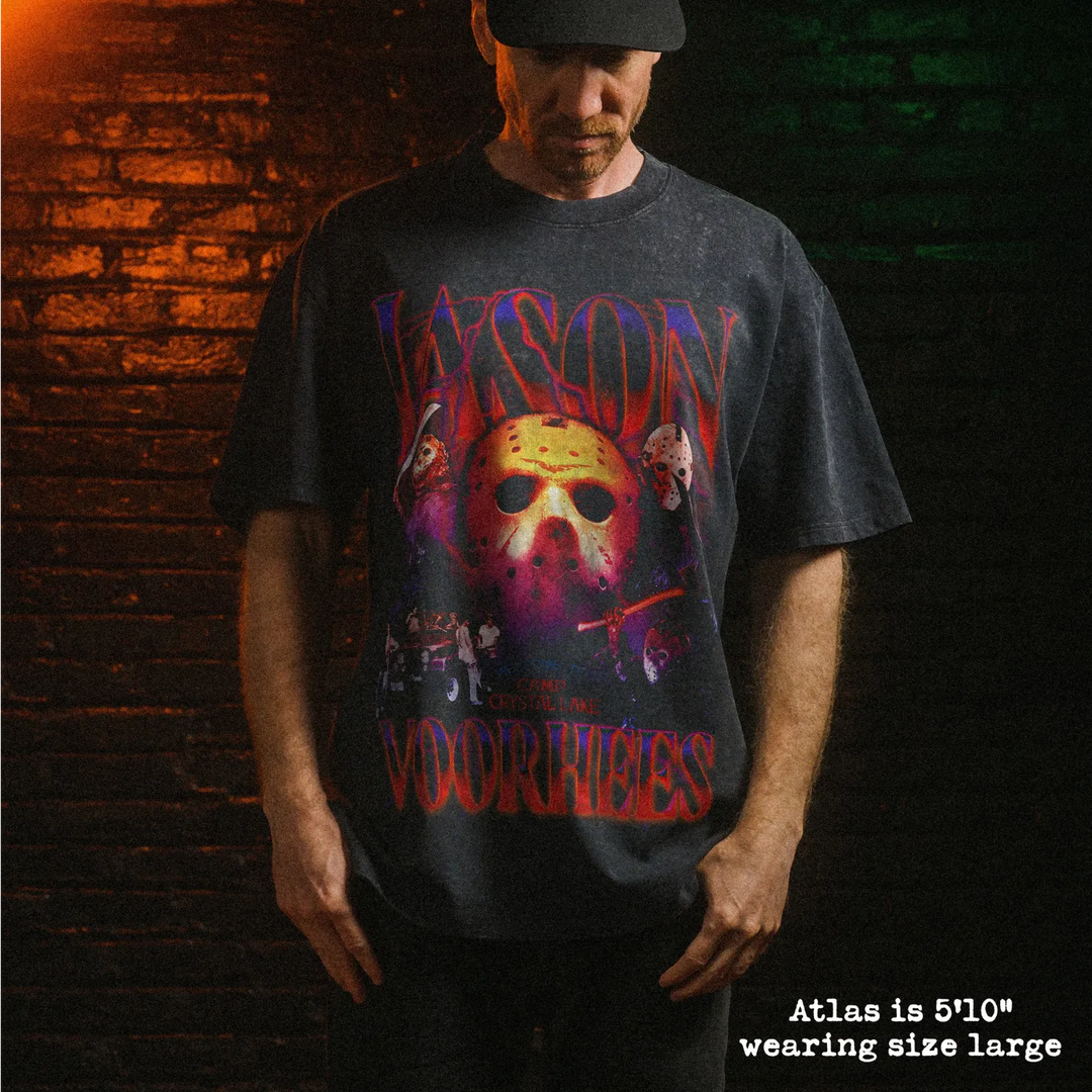 Male model wearing stone wash heavy tee with jason voorhees graphic 