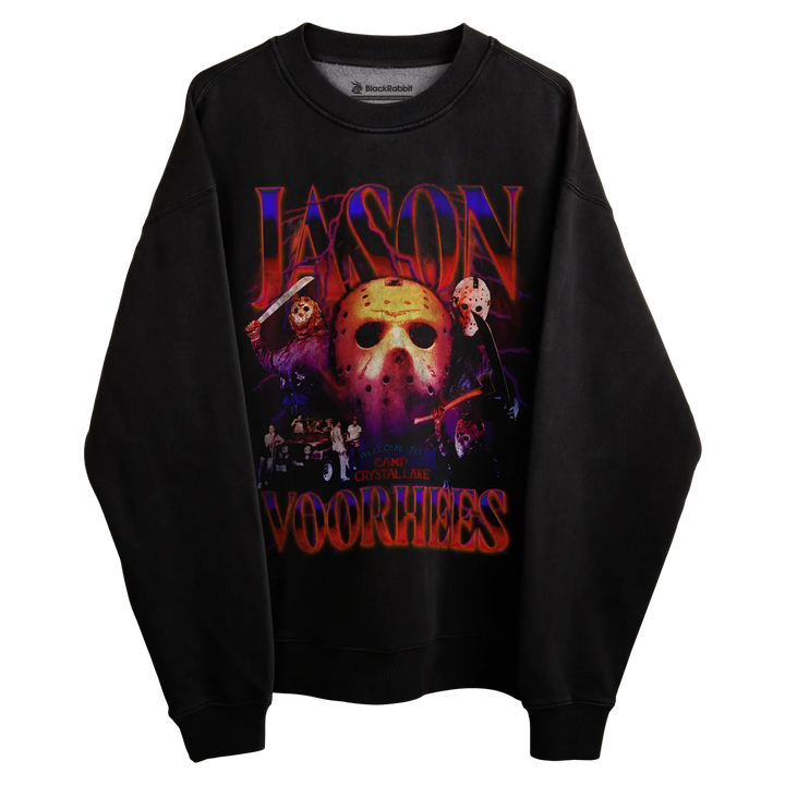 Black jason voorhees sweatshirt with vibrant red and orange design featuring a hockey mask, characters from the friday the 13th franchise.