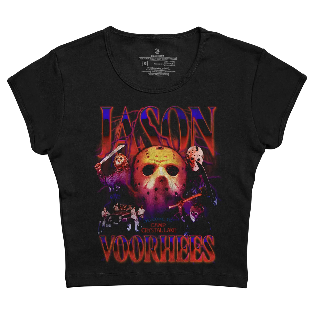 Black short-sleeved t-shirt featuring a vibrant, stylized graphic of jason voorhees with his iconic hockey mask and the words ’jason’ and ’voorhees’ in bold red-orange lettering.