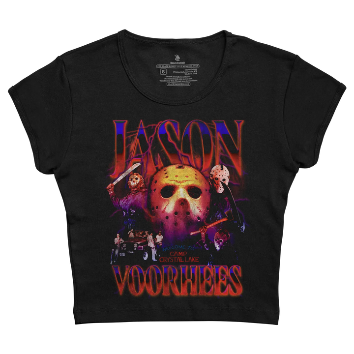 Black short-sleeved t-shirt featuring a vibrant, stylized graphic of jason voorhees with his iconic hockey mask and the words ’jason’ and ’voorhees’ in bold red-orange lettering.