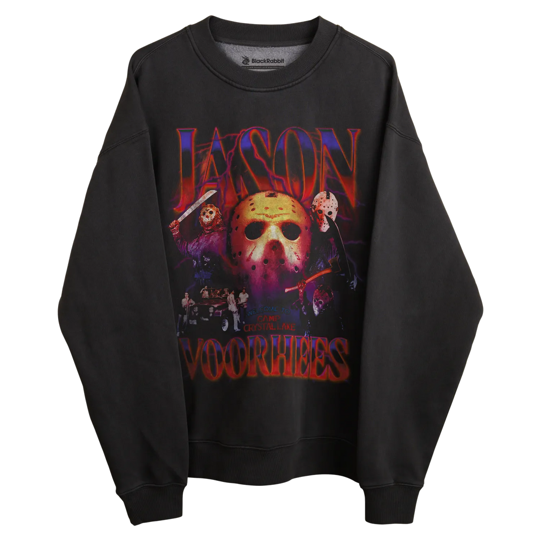 Black jason voorhees sweatshirt with skull design and horror movie characters.