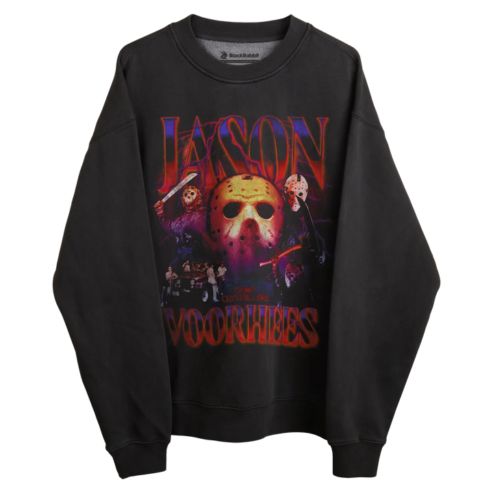 Black jason voorhees sweatshirt with skull design and horror movie characters.