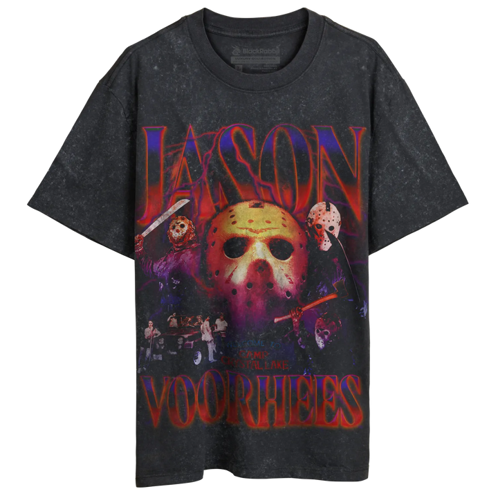 Dark gray vintage t-shirt with a ’Jason Voorhees’ graphic print featuring multiple hockey masks and horror movie elements.