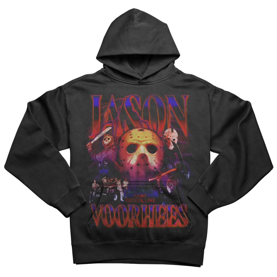 Black hoodie featuring a graphic print of Jason Voorhees from Friday the 13th.