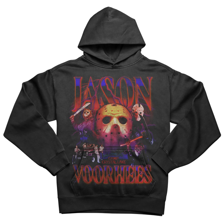 Black hoodie featuring a graphic print of Jason Voorhees from Friday the 13th.