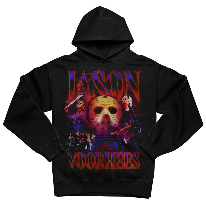 Jason voorhees hoodie with a horror-themed design featuring the character and his victims, black material.