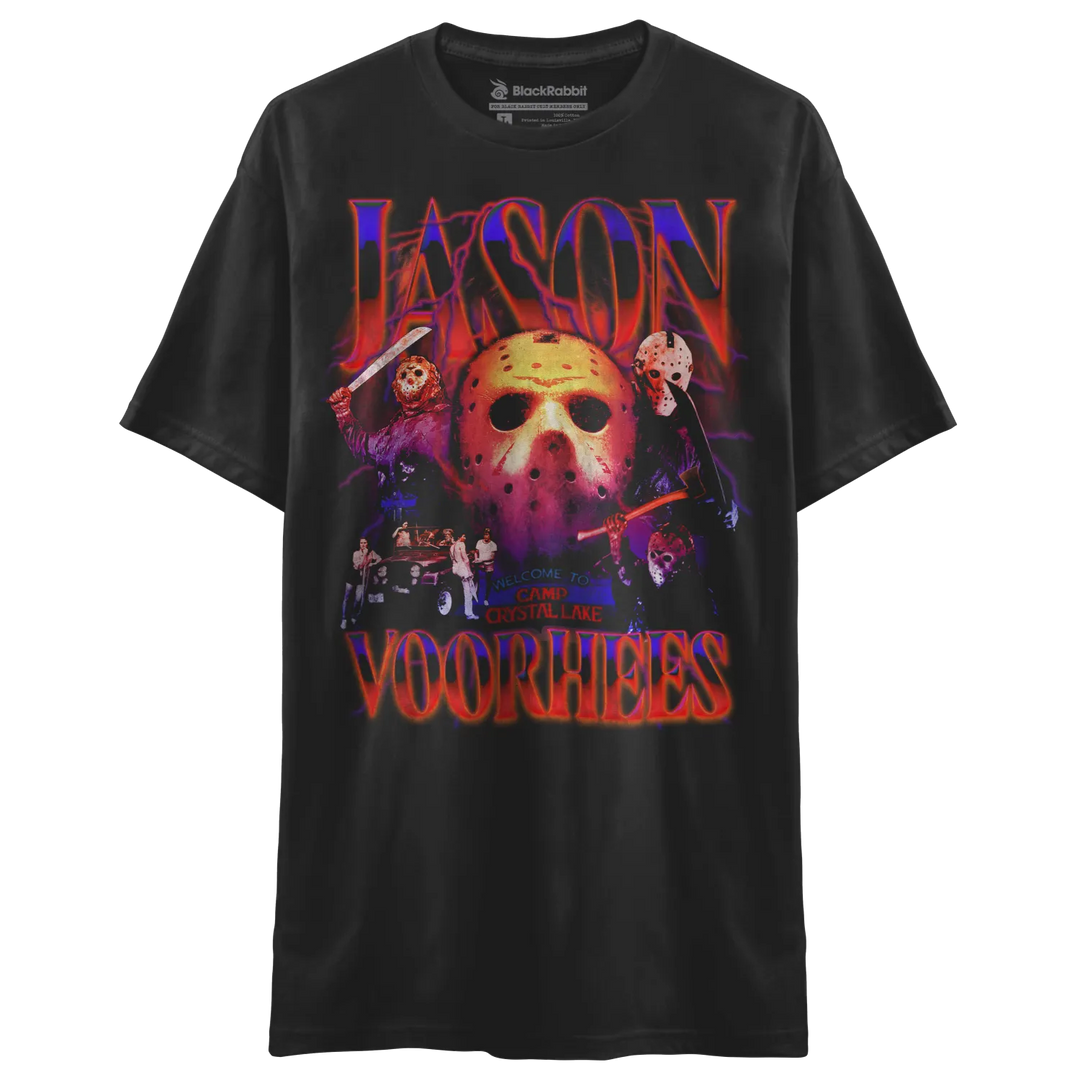 Black crew neck t-shirt with a colorful graphic of Jason Voorhees.