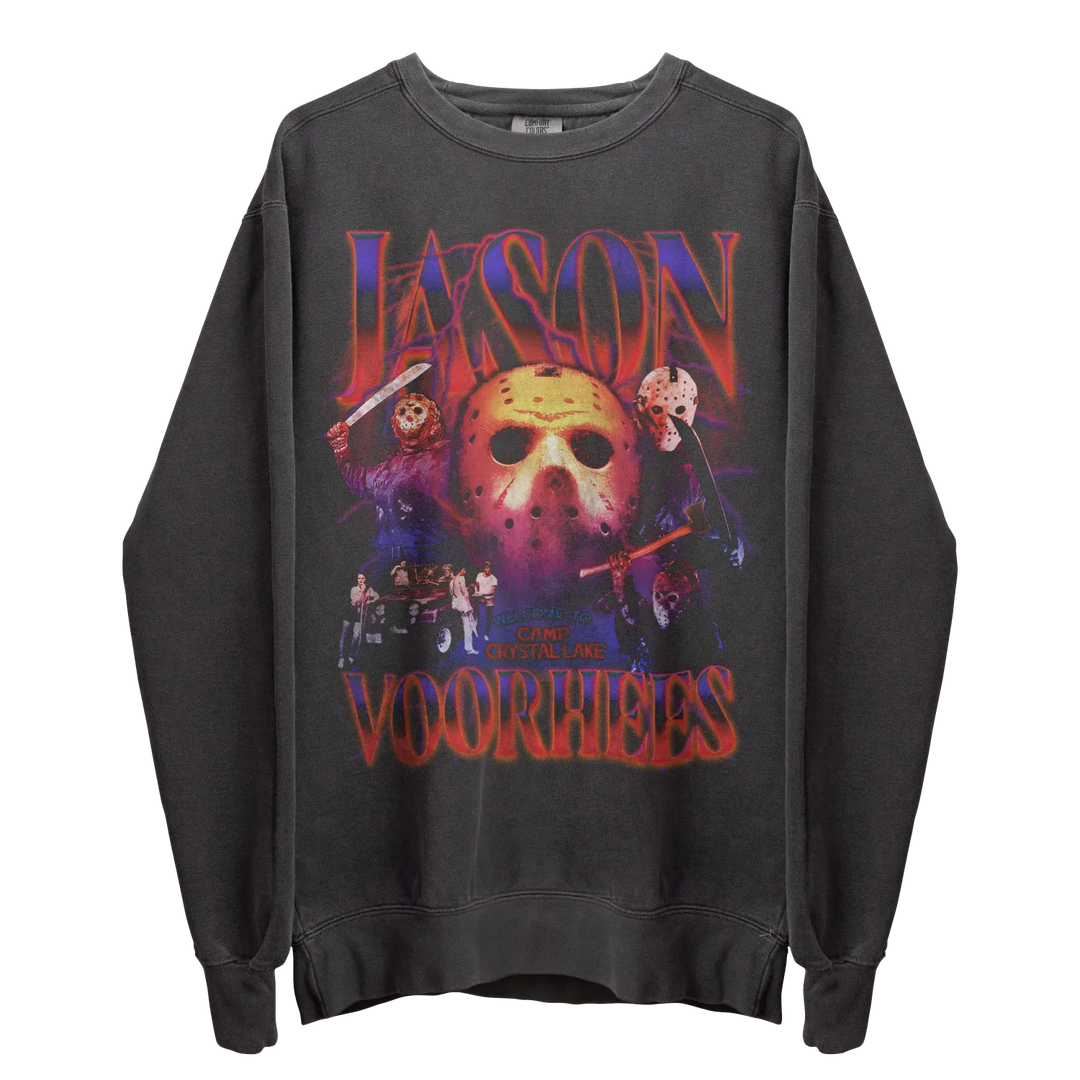 Dark gray long-sleeve crewneck sweatshirt with a graphic print featuring Jason Voorhees.