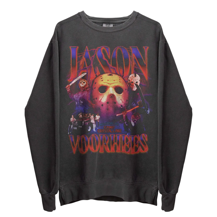 Dark gray long-sleeve crewneck sweatshirt with a graphic print featuring Jason Voorhees.